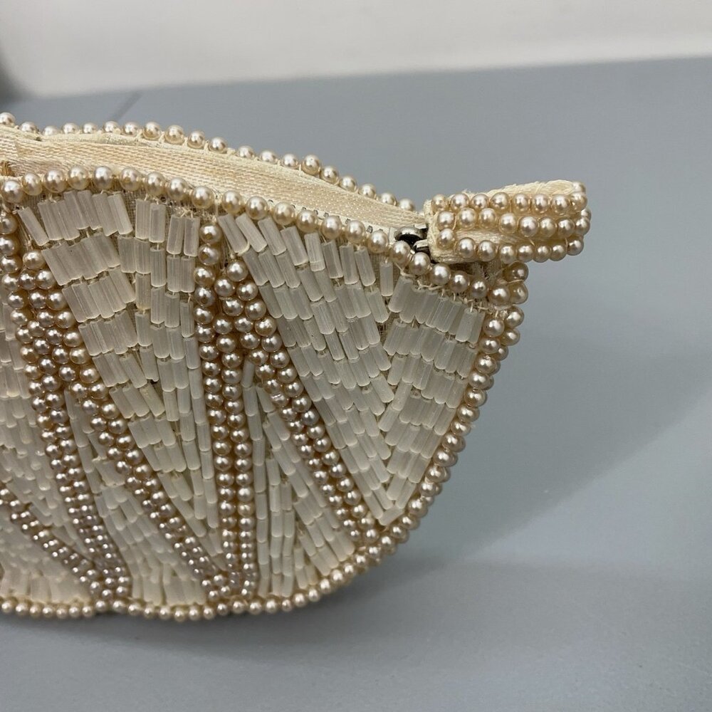 Vintage Beaded Clutch Evening Purse Makeup Bag Zip Top Faux String Pearls Small - Picture 5 of 12